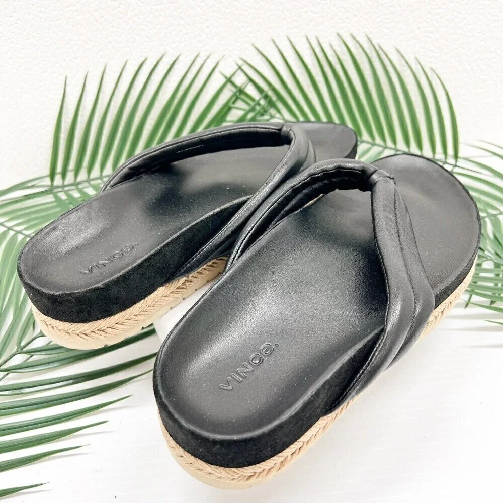 Vince Black Leather Open Round Toe Espadrille Platform Sandals Size 9.5M NWOB